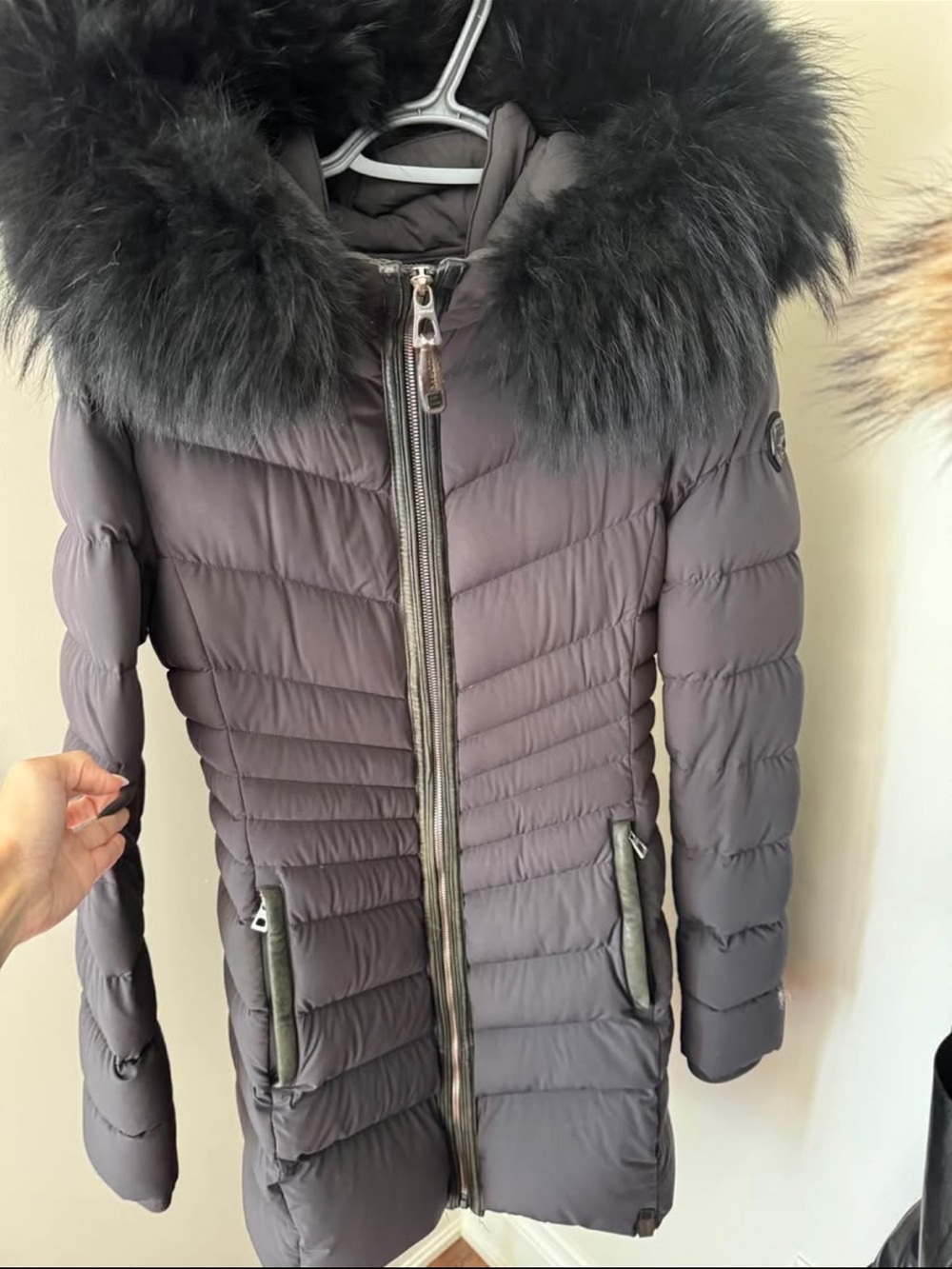 RUDSAK Quilted Long Puffer Coat with Black Fur Trim - Gray